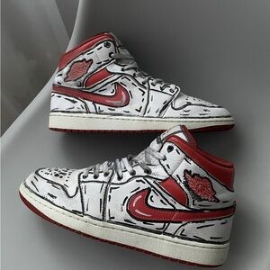 Nike Air Jordan 1 Mid White & Red Cartoon Graphic Sneakers